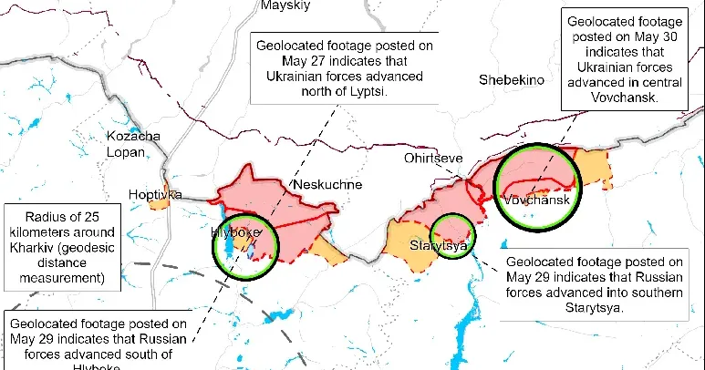 Карта ISW, May 31. 3.00 p.m. Ворог має незначне просування поблизу Вовчанська, на Липецькому напрямку без змін — ISW на порталі Gromada Group