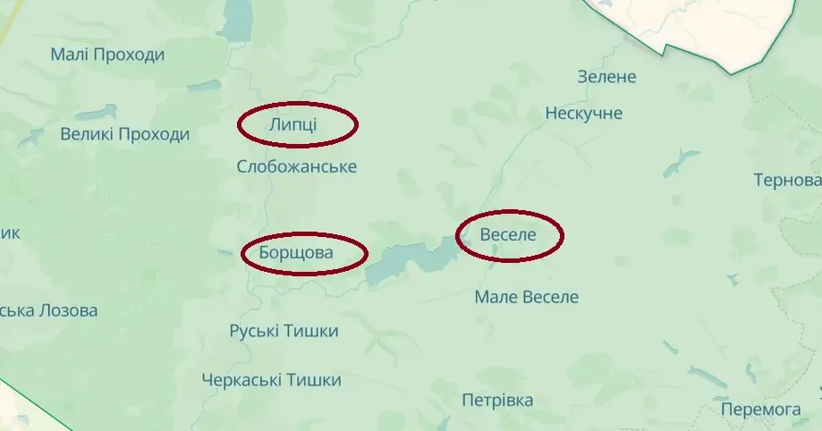 Скриншот з карти https://deepstatemap.live Липці, Борщову і Веселе обстріляли окупанти на порталі Gromada Group