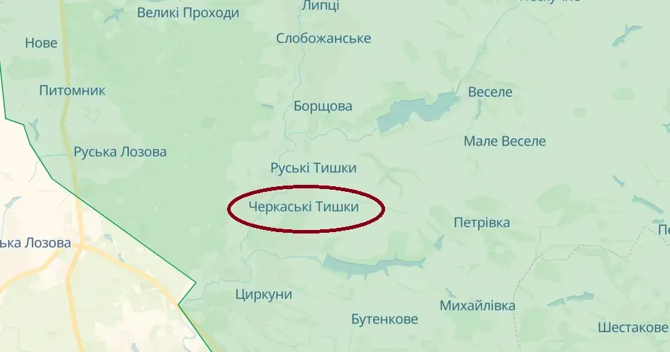 Скриншот з карти https://deepstatemap.live Росіяни вдарили КАБами по Черкаським Тишкам на порталі Gromada Group