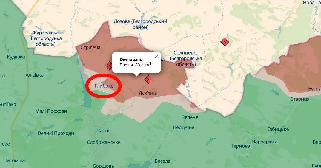Скриншот карти https://deepstatemap.live Поблизу Глибокого окупанти мінують лісопосадки, на Харківському напрямку знищено 48 ворожих укриттів на порталі Gromada Group