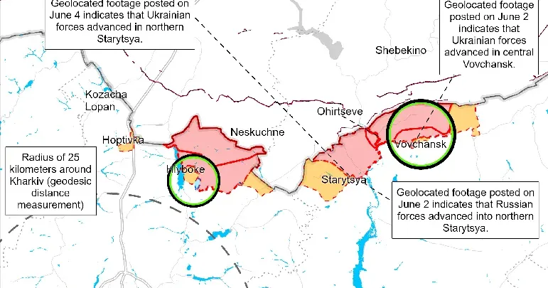 Карта ISW, June 5. 3.00 p.m. Липці, Золочів, Богодухів чи Суми: експерти ISW аналізують можливий вектор наступу ворога на порталі Gromada Group