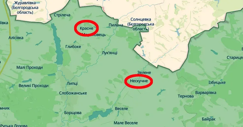 Скриншот карти https://deepstatemap.live Красне і Нескучне обстріляли російськ окупанти (Генштаб, 18.00 / 07.03) на порталі Gromada Group