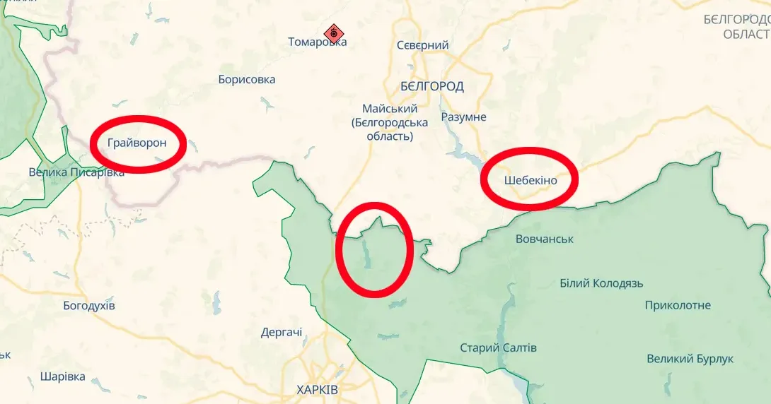 Скриншот карти https://deepstatemap.live Ворог нарощує угруповання «Бєлгород» між Грайвороном та Шебекіно на порталі Gromada Group