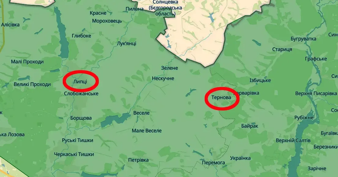 Скриншот карти https://deepstatemap.live Авіаударів по Липцях і Терновій завдали російські окупанти (Генштаб, 06.00 / 09.04) на порталі Gromada Group