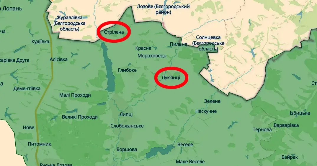 Скриншот карти https://deepstatemap.live Стрілечу та Лук’янці обстріляли російські окупанти (Генштаб, 18.00 / 09.04) на порталі Gromada Group