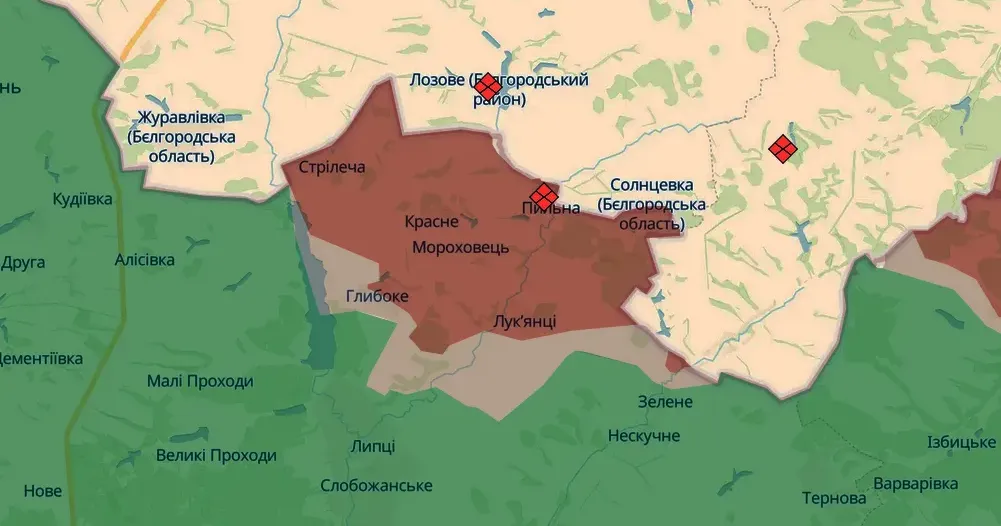 Скриншот з карти https://deepstatemap.live Авіаудари по Циркунах, Глибокому та Малих Проходах, бої в районі Глибокого (08.00 / 09.07) на порталі Gromada Group