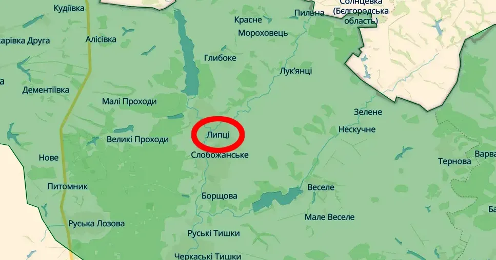Скриншот карти https://deepstatemap.live Внаслідок артобстрілу Липців пошкоджено інфраструктурний об'єкт на порталі Gromada Group