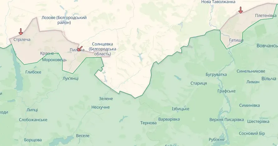 На карті позначена "сіра зона" активних бойових дій / скриншот з карти https://deepstatemap.live На Слобожанському напрямку відбито 9 ворожих атак, тривають оборонні бої (Генштаб 06.00 / 11.05) на порталі Gromada Group