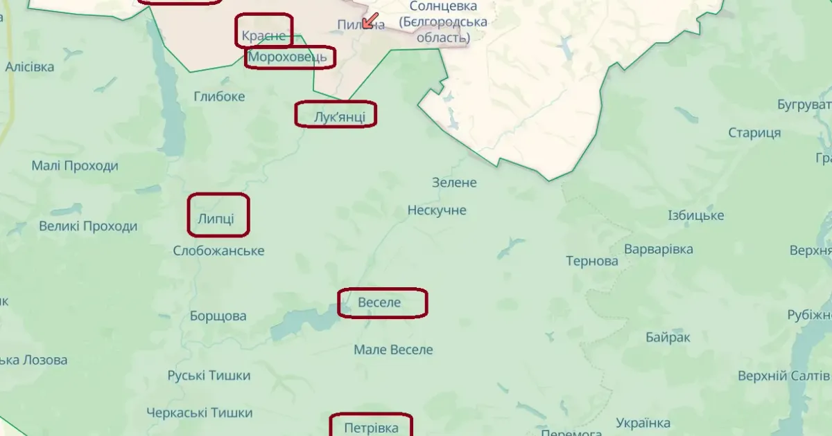 Скриншот з карти https://deepstatemap.live Ворог атакує в районах населених пунктів Липецької громади (Генштаб 18.00 / 11.05) на порталі Gromada Group