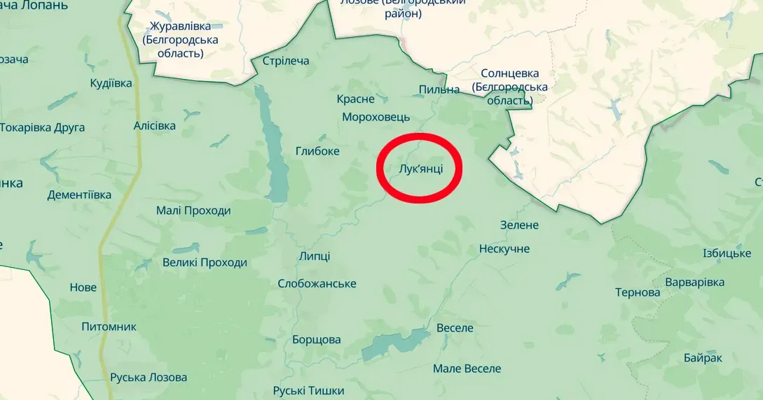 Скриншот карти https://deepstatemap.live Лук’янці Липецької громади обстріляли російські окупанти (18.00 / 12.02) на порталі Gromada Group