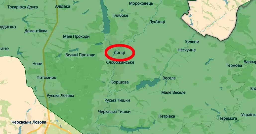Скриншот карти https://deepstatemap.live У Липцях під ударом росокупантів опинились фабрика і фермерські склади на порталі Gromada Group