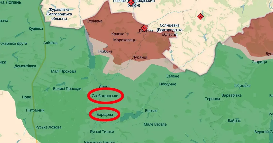 Скриншот https://deepstatemap.live На Слобожанське скинули КАБ, Борщову обстріляли з мінометів на порталі Gromada Group