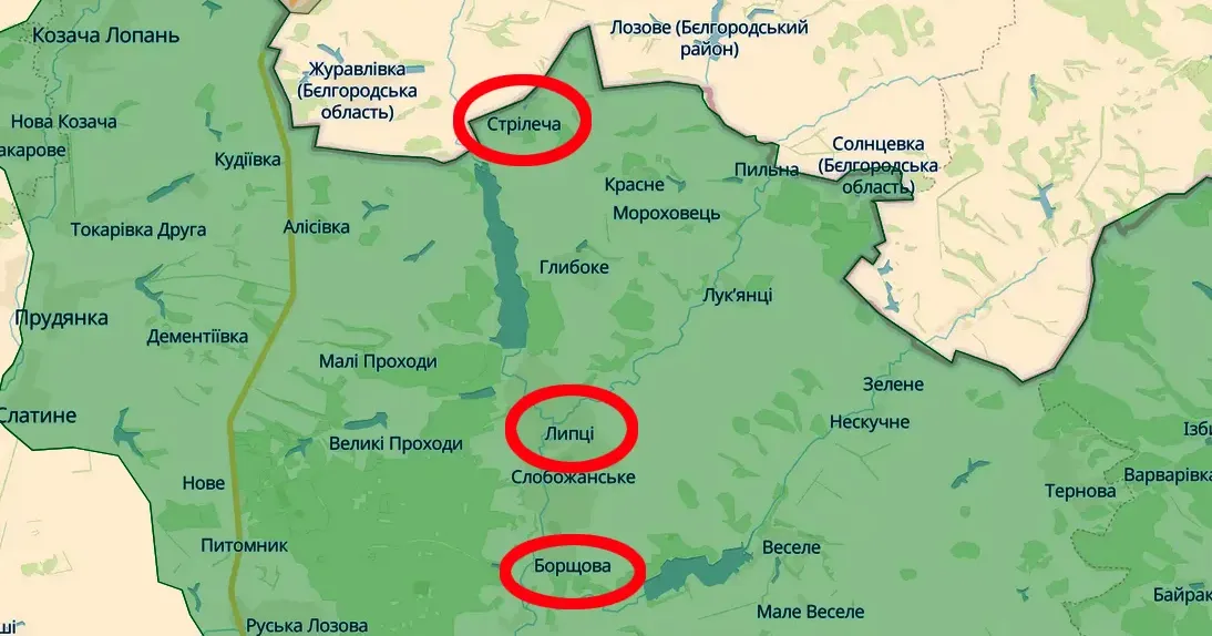 Скриншот карти https://deepstatemap.live Авіаудар в районі Липців та Борщової, обстріл Стрілечої (Генштаб, 18.00 / 14.03) на порталі Gromada Group