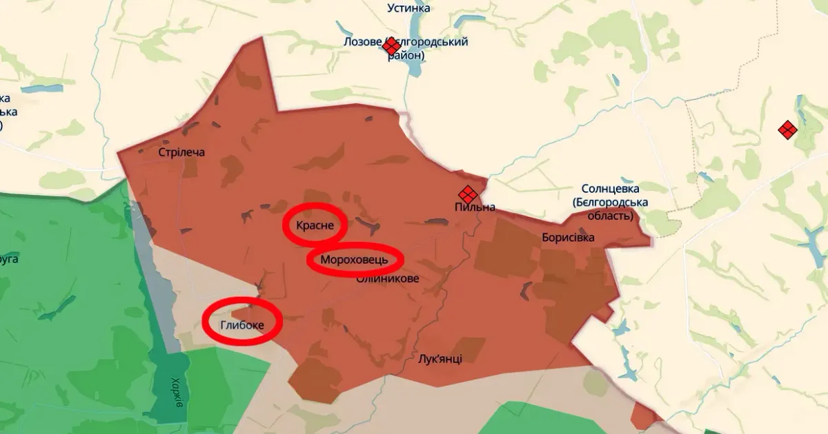 Скриншот карти https://deepstatemap.live В районі Мороховця і Красного окупанти переміщували особовий склад у район Глибокого на порталі Gromada Group