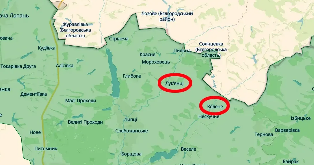 Скриншот карти https://deepstatemap.live Лук’янці та Зелене обстріляли російські окупанти (Генштаб, 18.00 / 16.03) на порталі Gromada Group