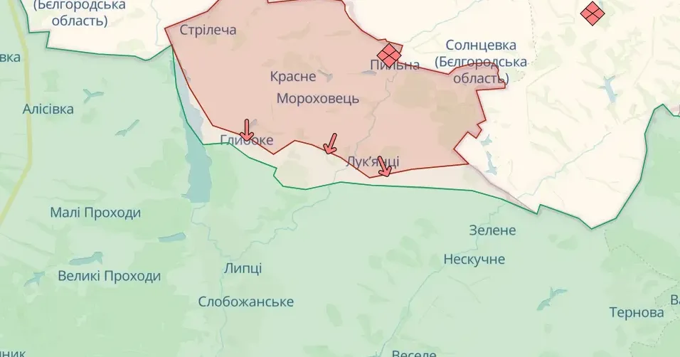 Скриншот онлайн карти https://deepstatemap.live/#16/50.2526/36.402 Наші захисники знищують окупантів між Глибоким та Липцями (відео) на порталі Gromada Group