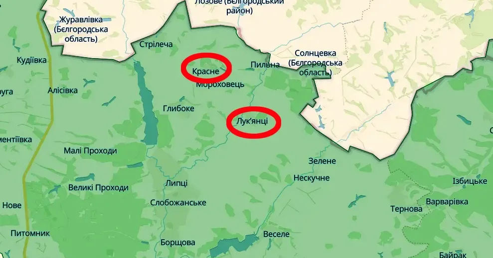 Скриншот карти https://deepstatemap.live Красне і Лук’янці Липецької громади обстріляли російські окупанти (18.00 / 21.02) на порталі Gromada Group