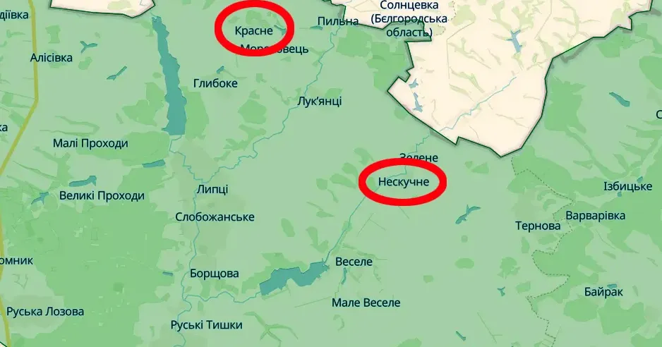 Скриншот карти https://deepstatemap.live Красне і Нескучне обстріляли російські окупанти (Генштаб, 18.00 / 22.03) на порталі Gromada Group