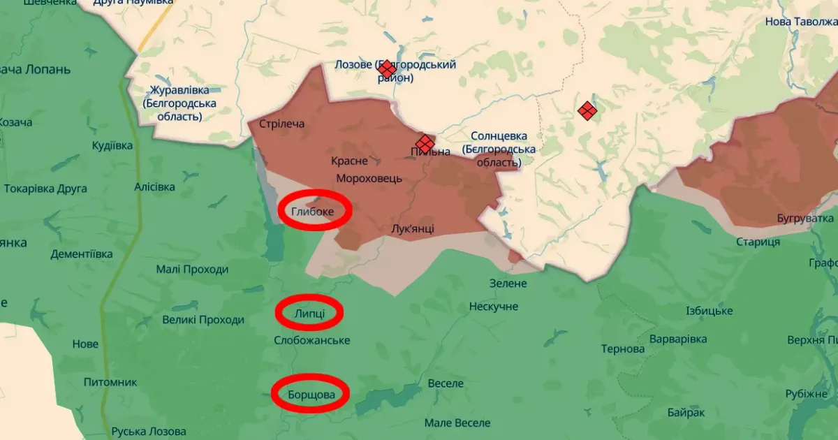 Скриншот карти https://deepstatemap.live Окупанти завдали авіаударів у напрямку Борщової, Липців та Глибокого (08.00 / 22.07) на порталі Gromada Group