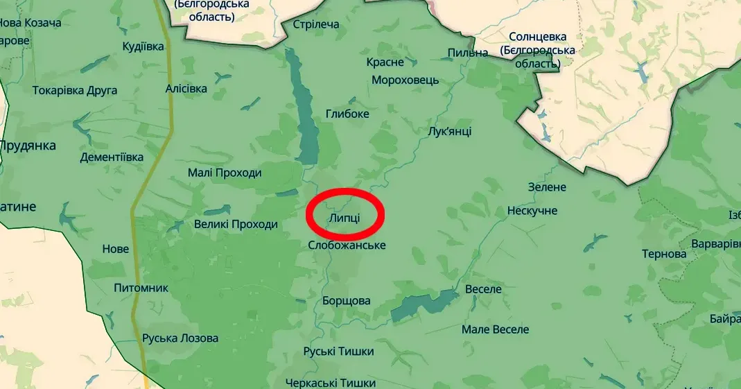 Скриншот з карти https://deepstatemap.live/ Ліцей та шість будинків пошкодили КАБ російські військові у Липцях на порталі Gromada Group