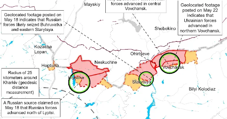 Карта: ISW (May, 22. 3.00 p.m.) У Липцях просувань ворога немає, у Вовчанську бої в межах міста — ISW на порталі Gromada Group