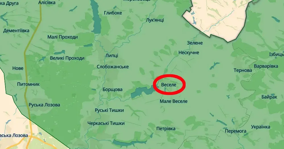 Скриншот з карти https://deepstatemap.live Веселе російські окупанти бомбардували КАБ на порталі Gromada Group