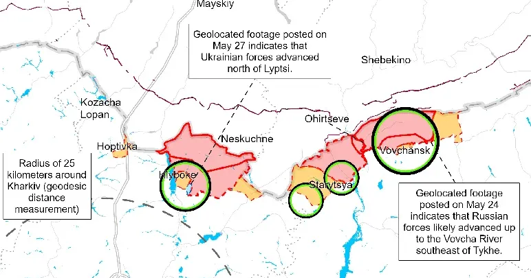 Карта ISW, May 27. 3.00 p.m. Сили оборони відбили ділянку на північ від Липців, у районі Вовчанська лінія фронту без змін — ISW на порталі Gromada Group