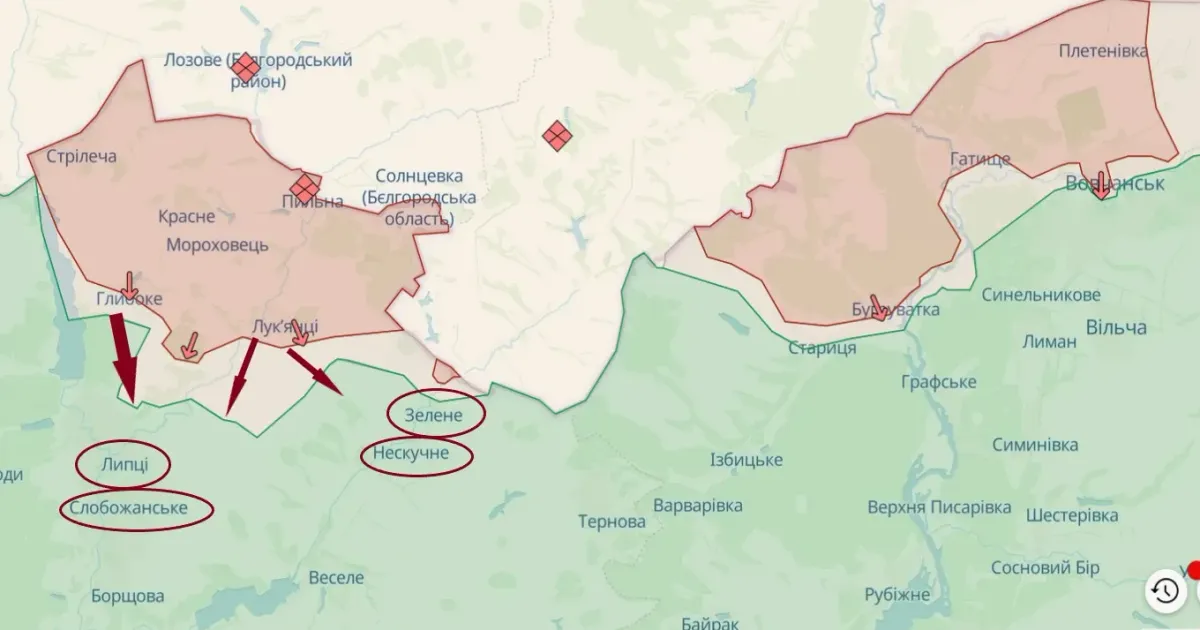 Скриншот карти deepstatemap.live станом на 27.05.2024 Ворог спробує з'єднати Липецький і Вовчанський плацдарми і вже може бити артилерією по Харкову — Костянтин Машовець на порталі Gromada Group