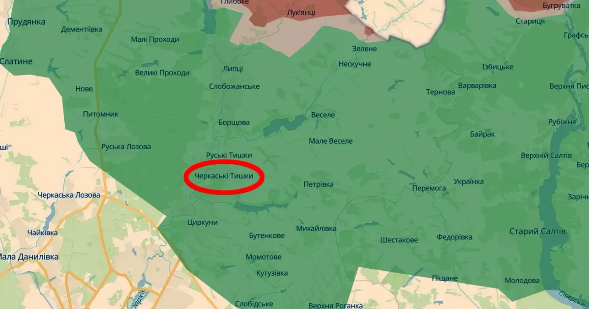 Скриншот карти https://deepstatemap.live Окупанти обстріляли Черкаські Тишки на порталі Gromada Group