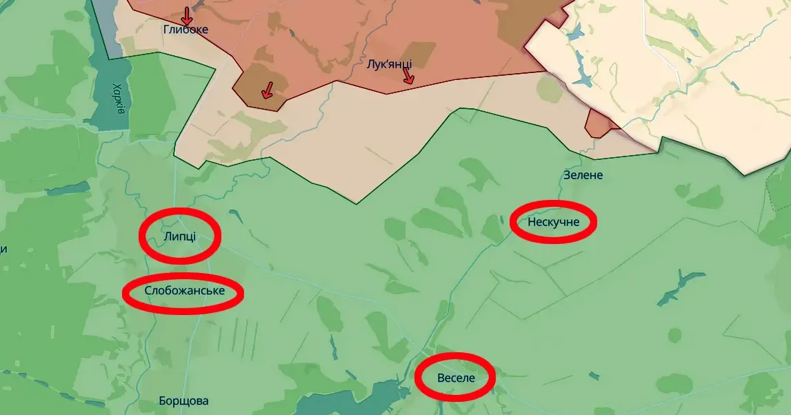 Скриншто карти deepstatemap.live Липці, Веселе, Нескучне та Слобожанське бомбардували російські окупанти (19.00 / 30.06) на порталі Gromada Group